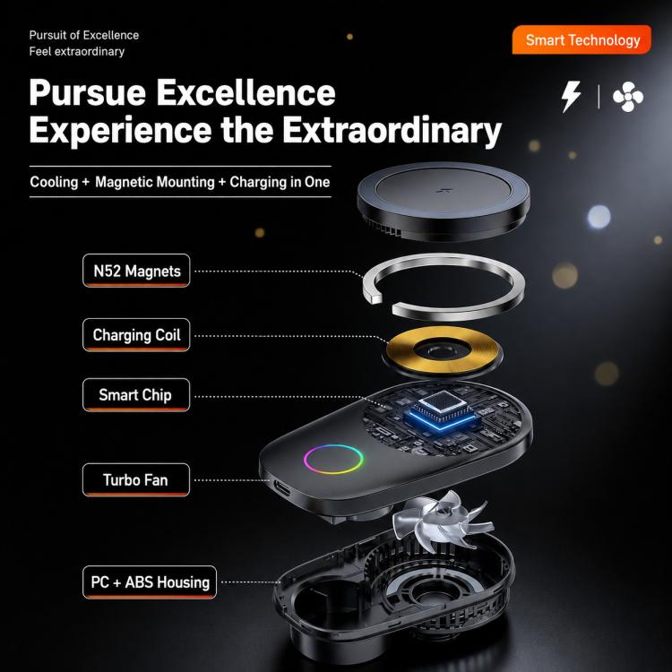 Exploded view of a black wireless car charging mount with cooling fan and charging coil