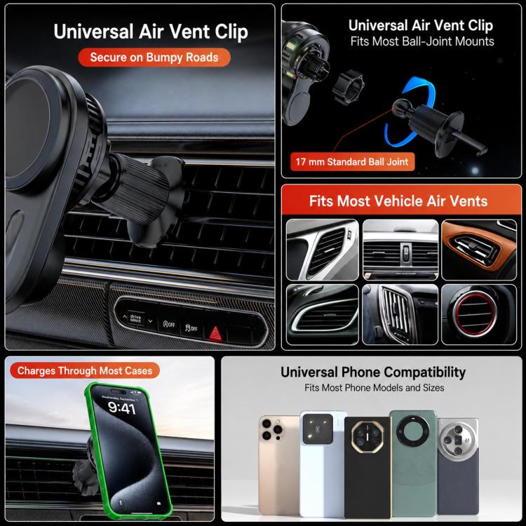 Black air-vent clip phone mount with adjustable ball-joint holder and RGB ring