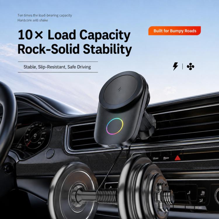 Black magnetic wireless car mount with RGB ring seated on dashboard near an air vent
