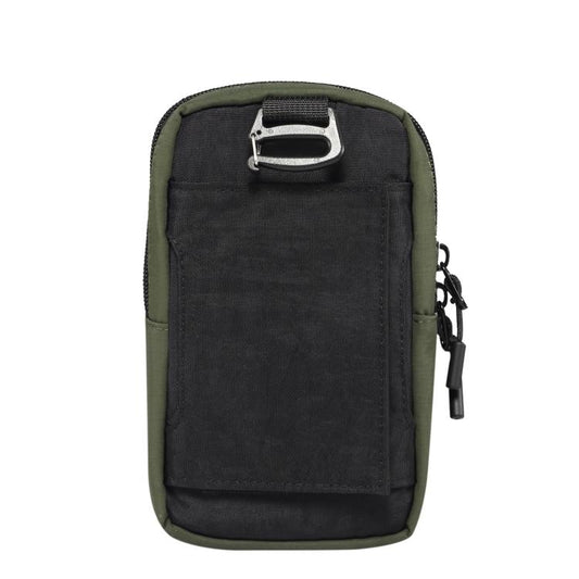 Dark green and black nylon phone bag with zip closure and front elastic panel