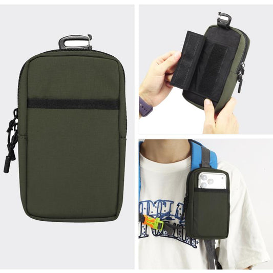 Dark green nylon portable shoulder phone bag with zip closure and top carry loop