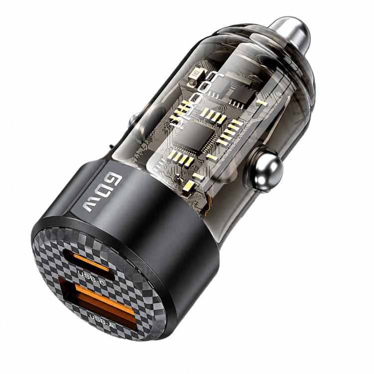 Black compact dual-port car charger with visible charging circuitry inside