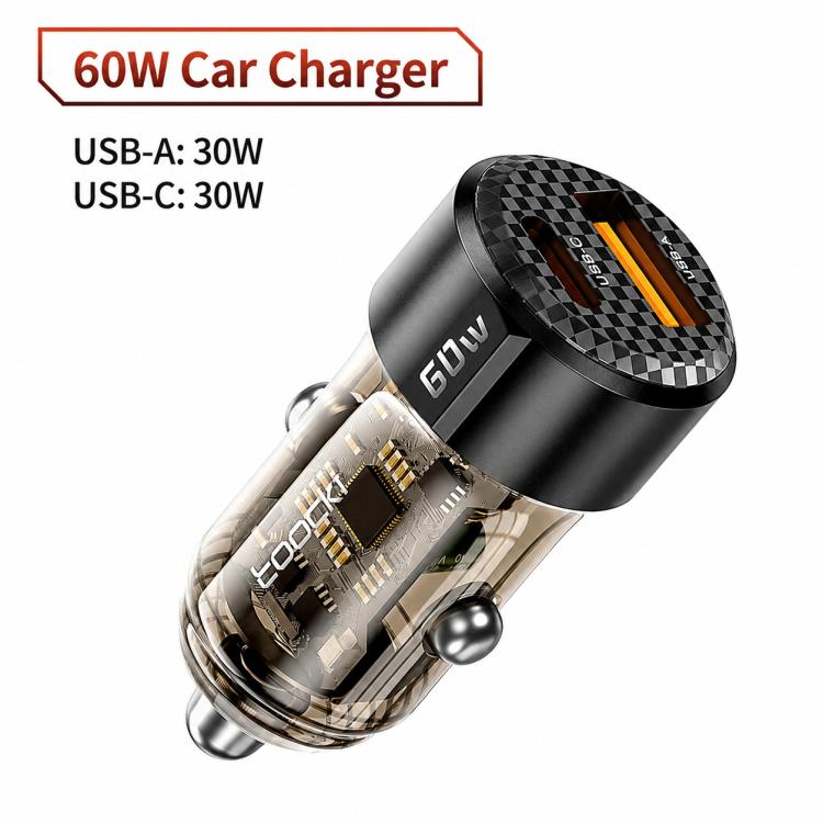 Black car charger with dual USB ports and orange connector indicator detail
