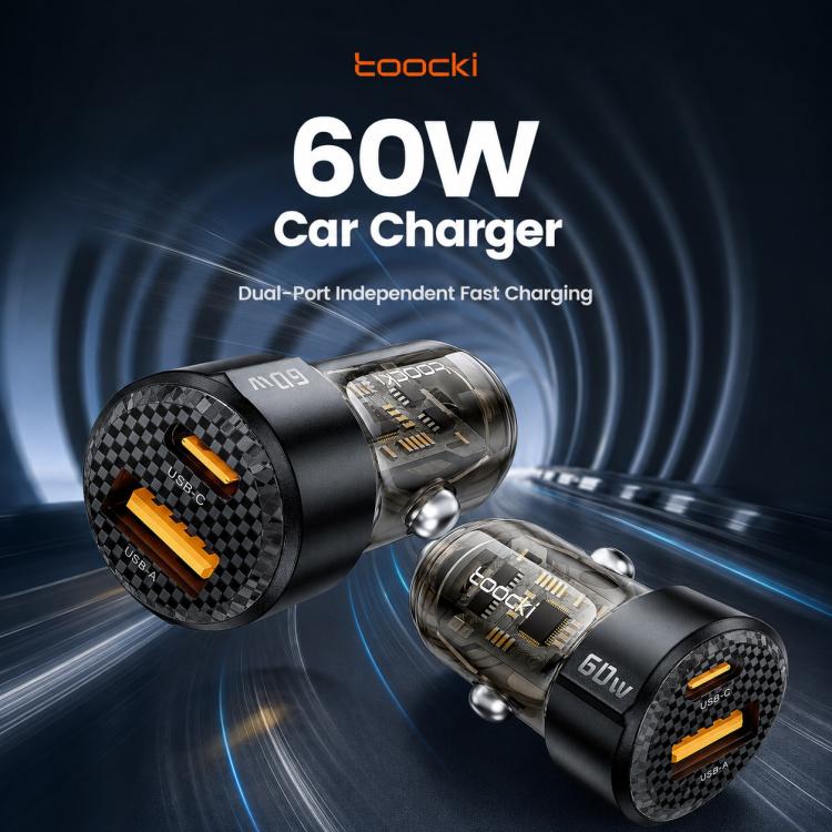 Black 60W dual-port car charger plug with two charging ends