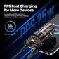 Black dual USB car charger with checkered front and glowing orange port