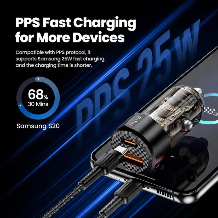 Black dual USB car charger with checkered front and glowing orange port