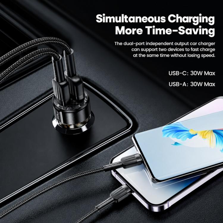 Black dual-port car charger for simultaneous charging with two cables