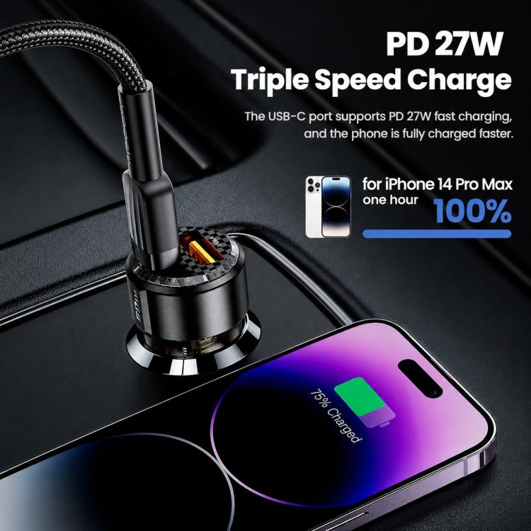 Black USB-C and USB-A car charger with checkered front and mounted base