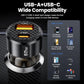 Black dual USB car charger with checkered port face and compatibility icons