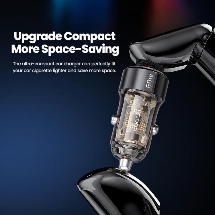 Black compact dual-port car charger with short plug body and metal pins