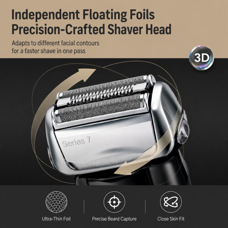 Braun Series 7 foil shaver head, silver housing with ultra-thin foil surfaces