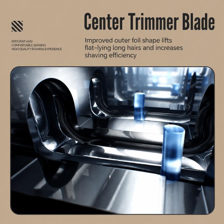 Center trimmer blade assembly inside foil shaver head, metal blades in silver unit