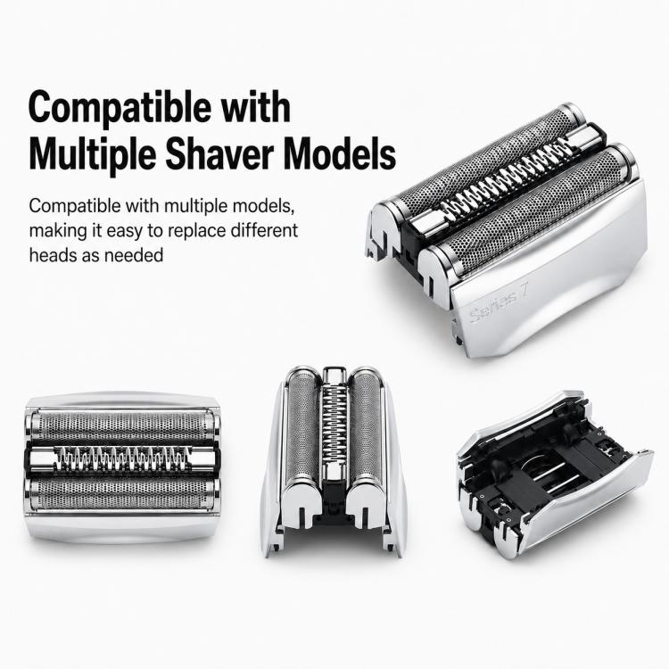 Braun shaver foil heads set with opened blade unit, silver replacement parts