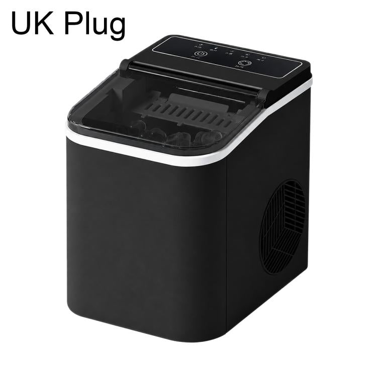 Portable bullet ice maker with UK plug, black countertop unit and open ice bin lid