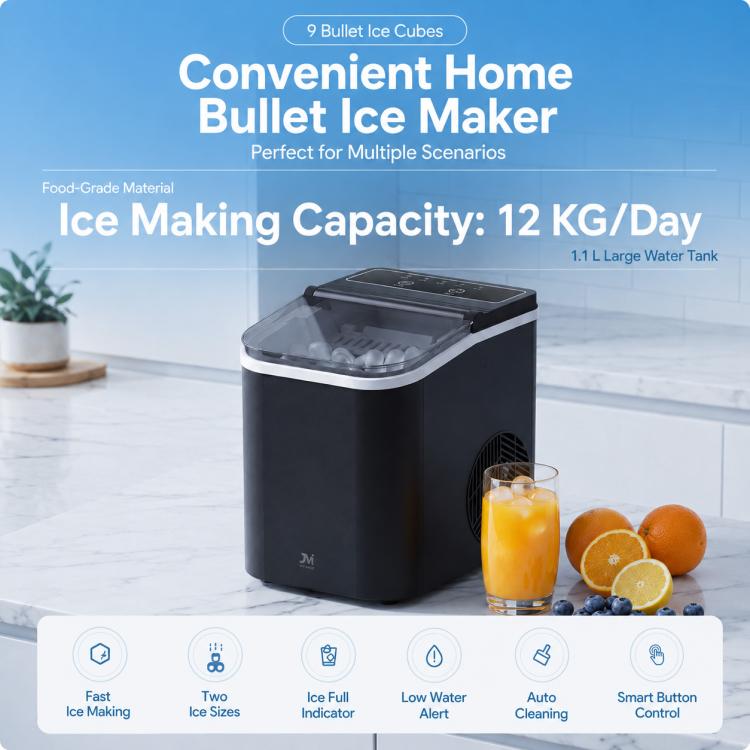 Portable bullet ice maker, black countertop unit with transparent top lid