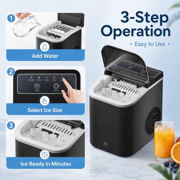Portable bullet ice maker with open ice tray and control panel, black unit