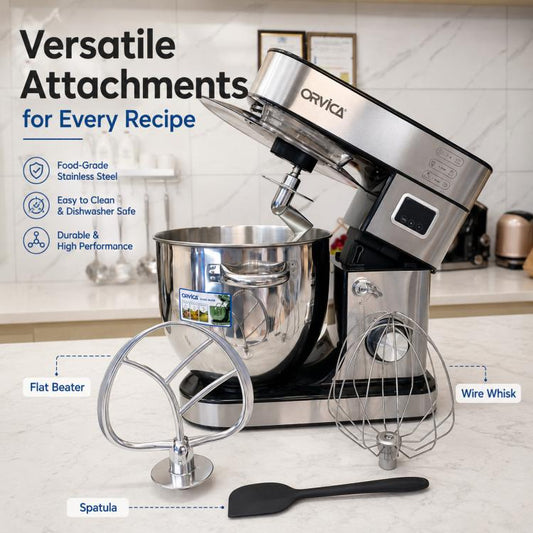 Stand mixer with wire whisk and flat beater attachments, plus splash guard