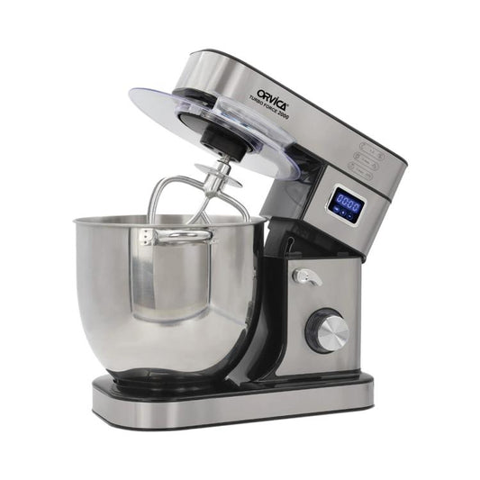 Tabletop stainless steel stand mixer with clear bowl cover and metal mixing bowl