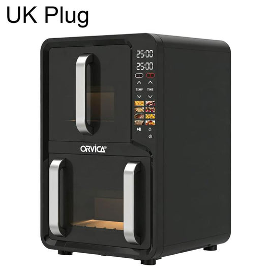 ORVICA double-drawer air fryer with UK plug, black body, digital touch control panel