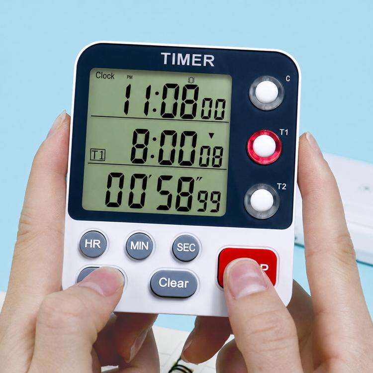 Dual countdown timer clock with LCD display, white base, dark blue top, and three buttons