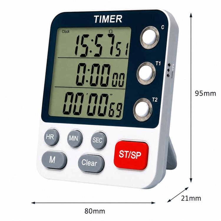 Dual countdown timer clock angled view, LCD numbers, three dial buttons, dark blue and white