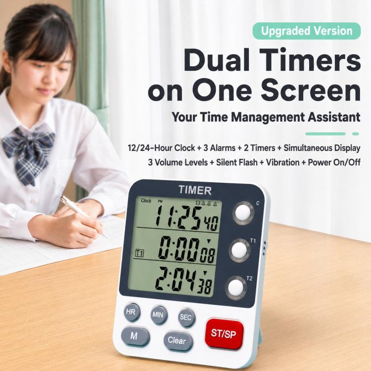 Dual timer clock with LCD screen and red ST/SP button on a desk