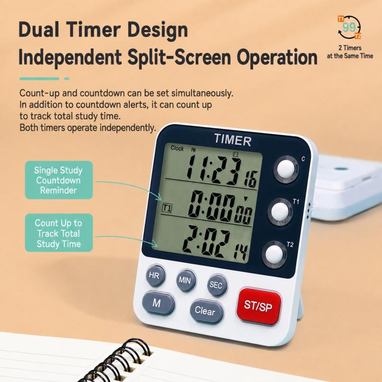 Dual timer clock front view with two split LCD timer areas and red ST/SP button