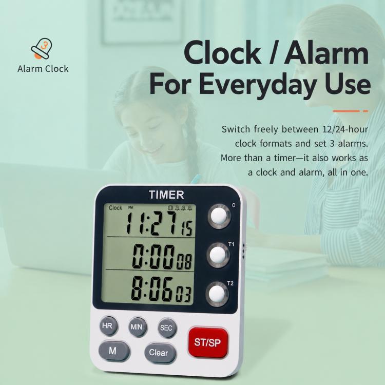 Dual timer clock on desk with LCD display and red ST/SP alarm control