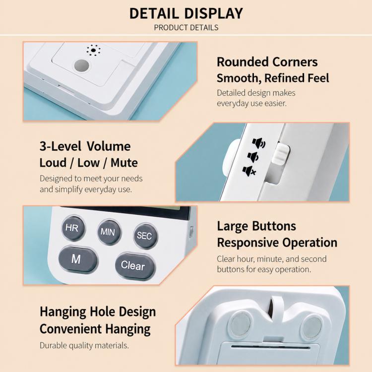 Dual timer clock detail view showing large buttons, hanging hole, and rounded corners