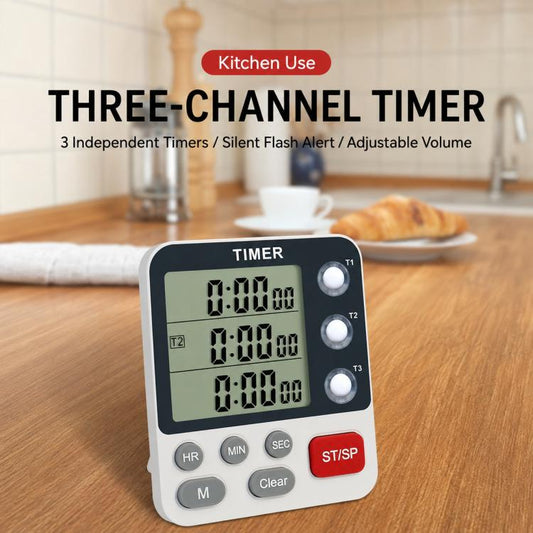 Three-channel countdown kitchen timer on stand with three LCD time displays and controls