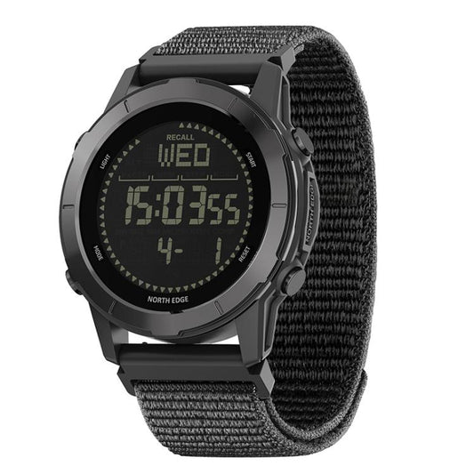 Men's waterproof sports watch with digital compass display and black braided strap