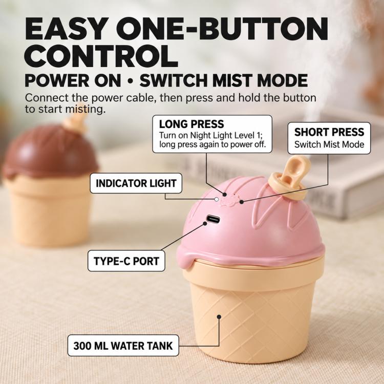 Ice Cream Shape Type-C Mini Desktop Night Light Humidifier, Water Tank Capacity: 150ml