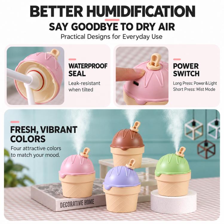 Ice Cream Shape Type-C Mini Desktop Night Light Humidifier, Water Tank Capacity: 150ml