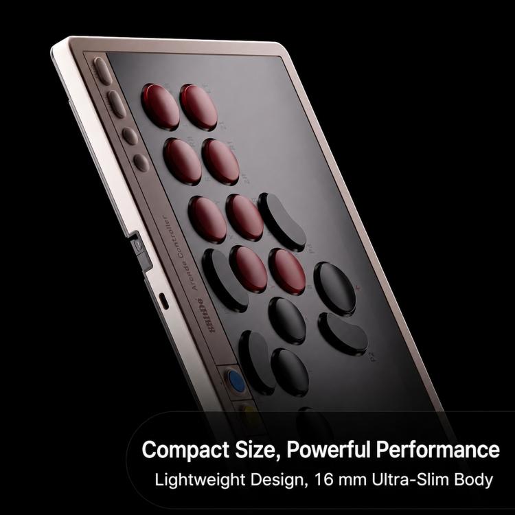 Compact arcade controller angled view with red and black oval buttons on gray panel