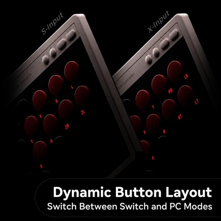 Two arcade controller sides with red button cluster and labeled left/right input sections
