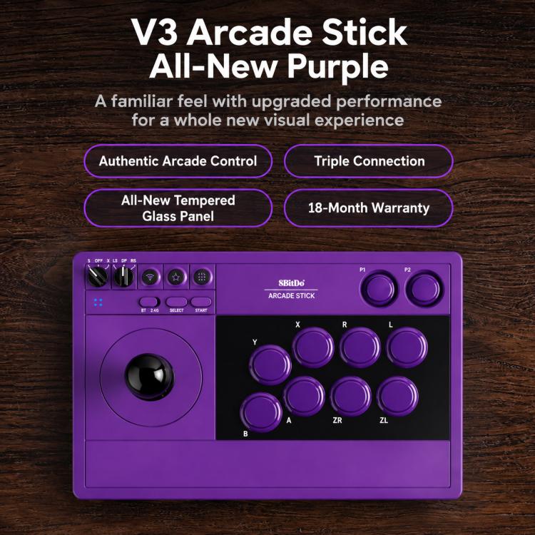 8BitDo V3 arcade stick controller in all-new purple, front view with button cluster