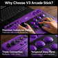 8BitDo V3 arcade stick controller with purple joystick and arcade buttons, hand on controls