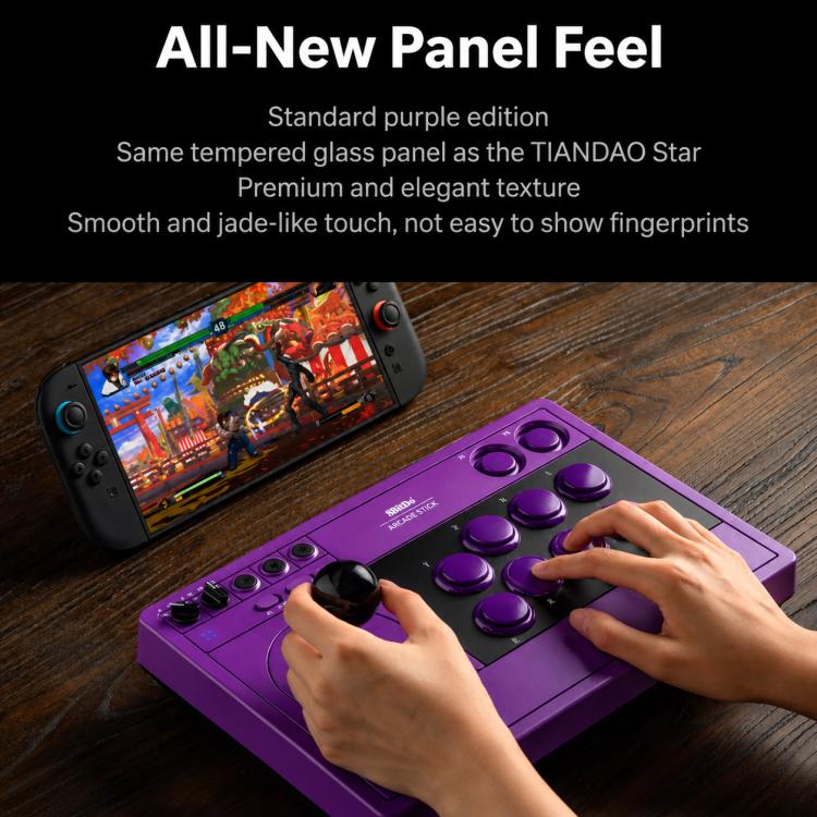 8BitDo V3 arcade stick controller, purple panel with screen, joystick, and action buttons