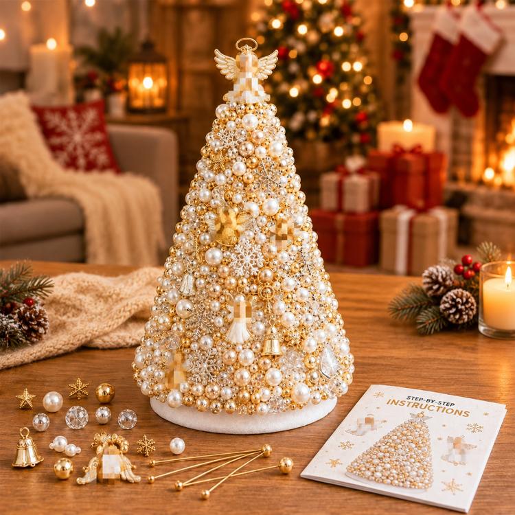Beaded angel holiday tree decoration with gold star topper and white pearl bead cone