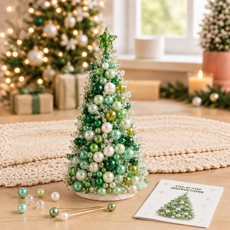 Beaded green holiday tree decoration with white pearls and green bead clusters