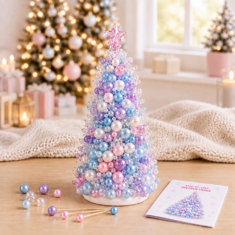 Beaded purple-blue holiday tree decoration with pastel pearls and star topper