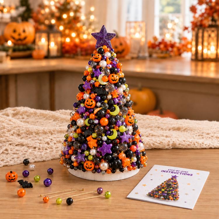 Halloween beaded tree craft kit with purple star topper, jack-o'-lantern beads, booklet