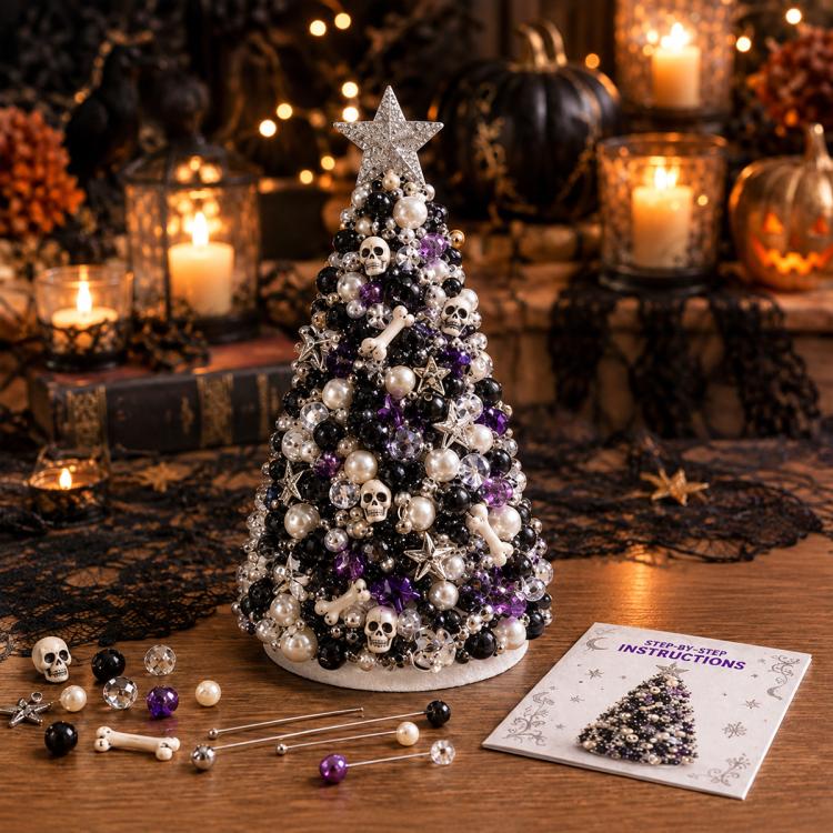 White, black, and purple beaded Christmas tree craft decoration with star and skull charms
