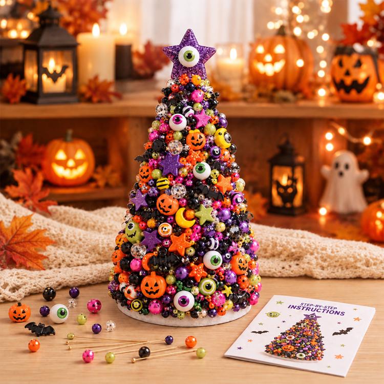 Multicolor beaded Christmas tree craft decoration with candy, pumpkin, and star motifs
