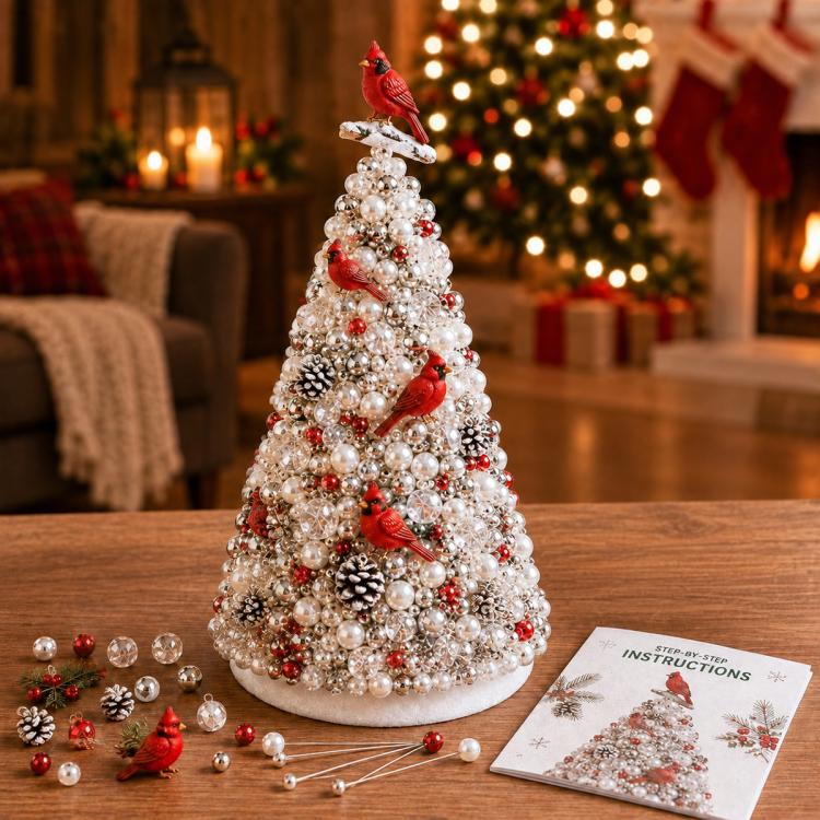 White beaded Christmas tree craft decoration with red bird and pinecone accents