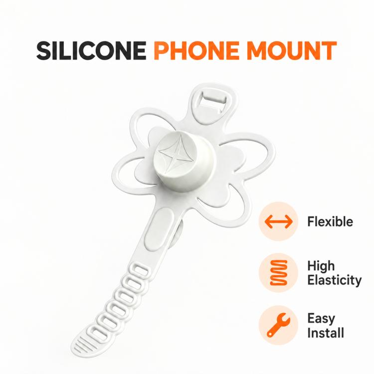 White silicone phone mount with flexible clip and hook strap
