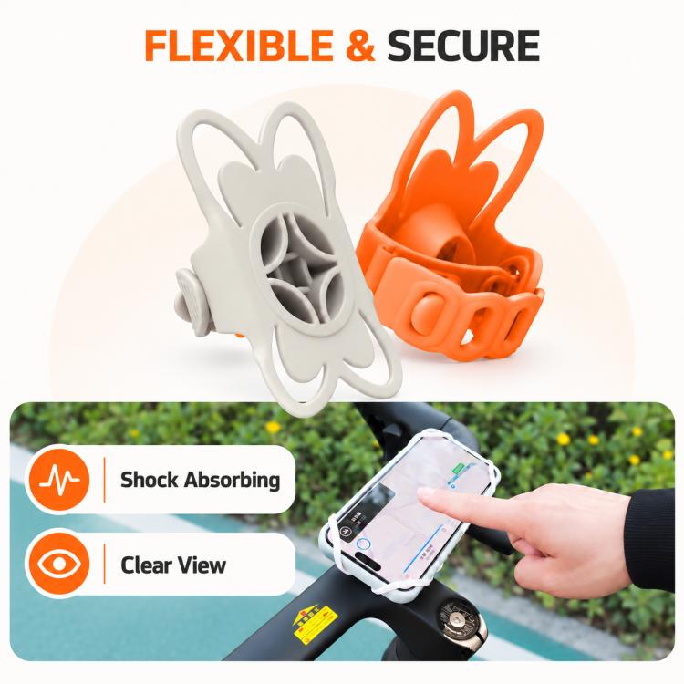 Orange and light gray silicone phone mounts with flower base and curved frame