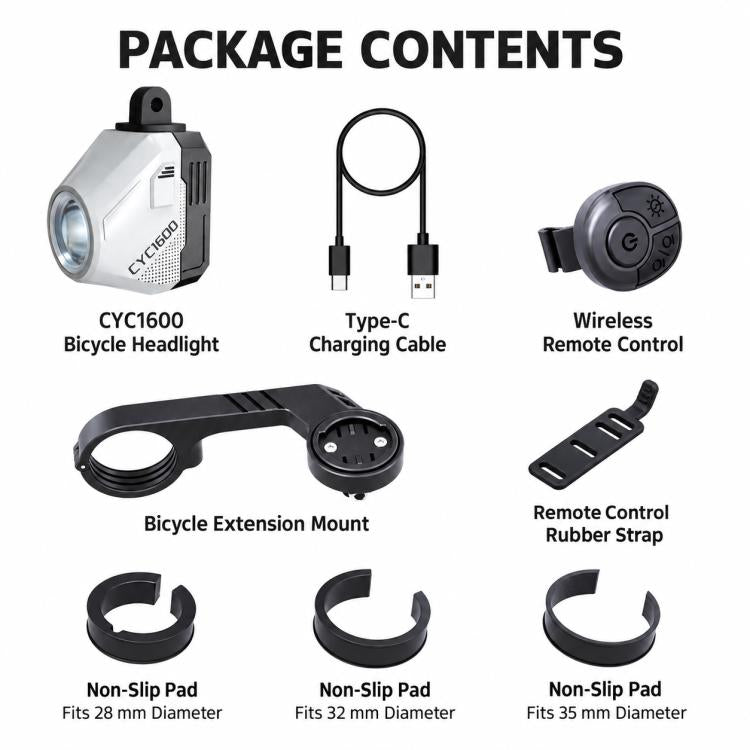 CYCLAMi CYC1600 bicycle headlight kit with extension mount, pads, Type-C cable, wireless remote