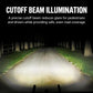 Cutoff beam bike light projecting a wide, low-glare headlight beam
