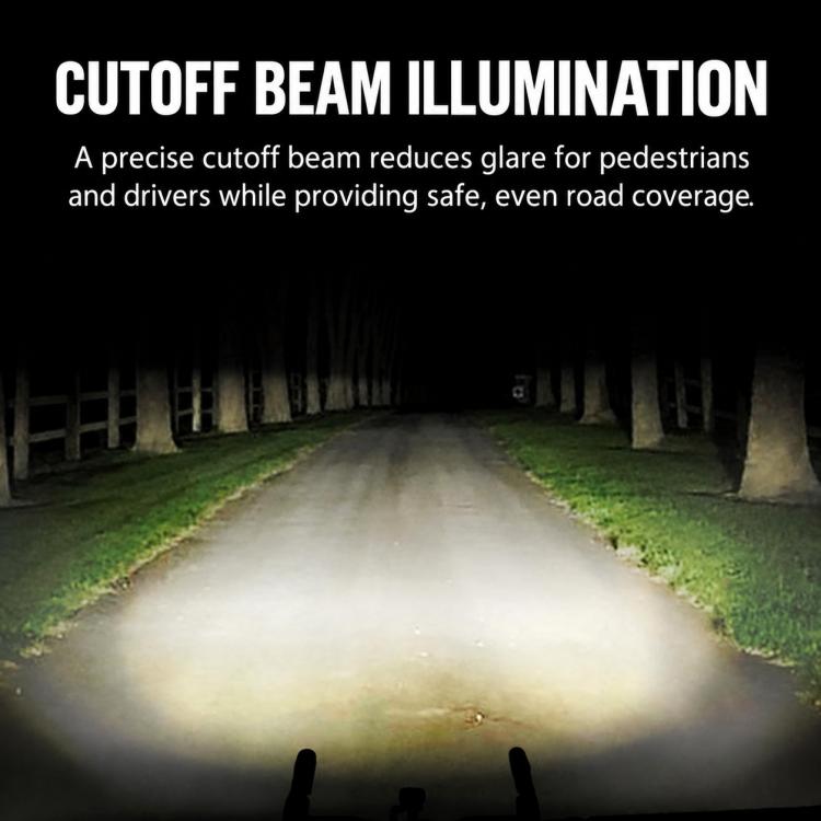 Cutoff beam bike light projecting a wide, low-glare headlight beam